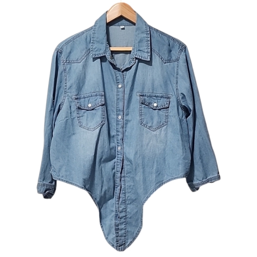 Tie Front Cropped Denim Western Shirt XL Pearl Snap Cowgirl Lightweight Festival - Picture 9 of 10